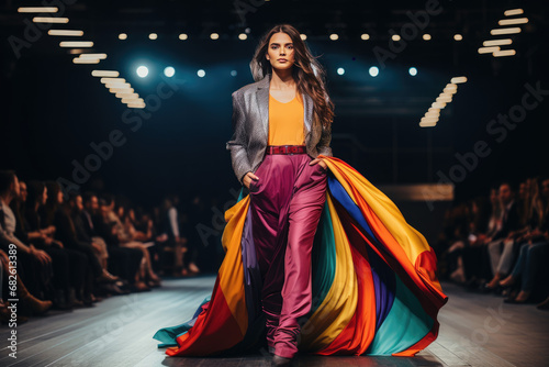 beautiful model with designed clothes walking on stage