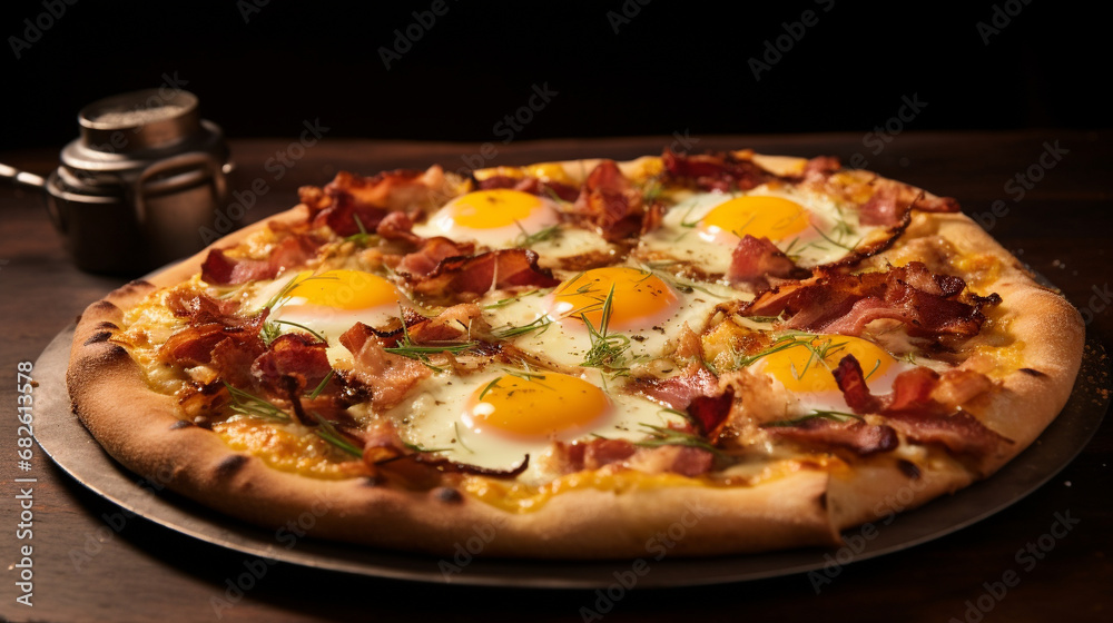 A pizza topped with eggs and bacon