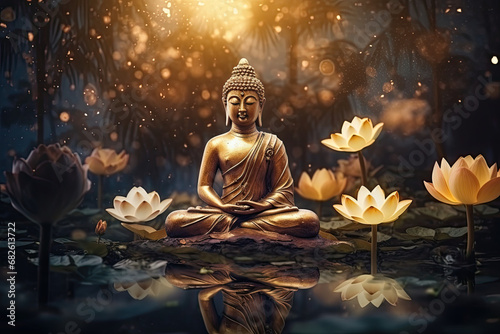 glowing golden buddha meditating on a lotus photo