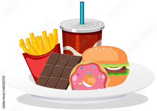 Unhealthy Junk Food Plate Set with Soda Drink, Fries, Burger, Donut, and Chocolate