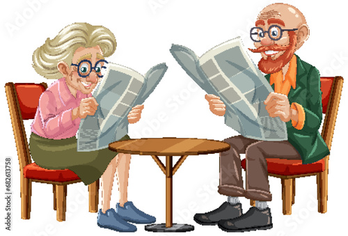 Vintage Couple Reading Newspaper on Antique Chair