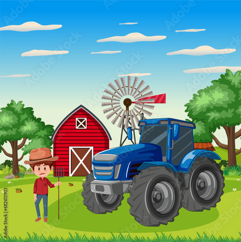 Farner at farmland with tractor and barn