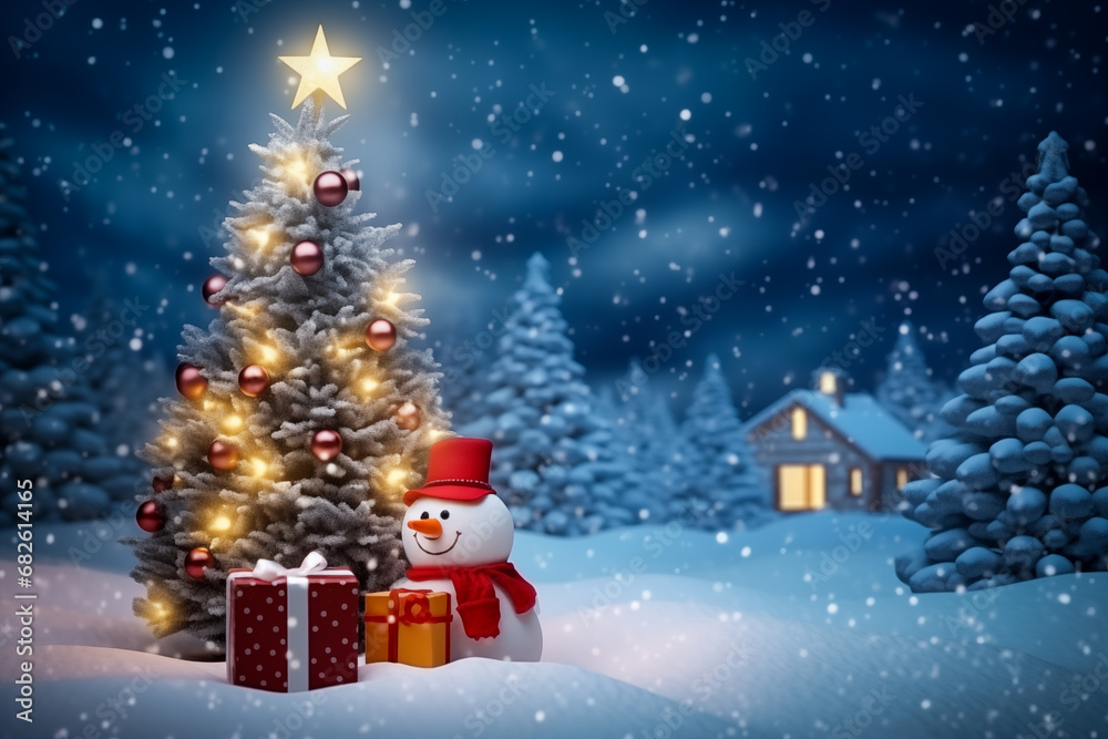 Festive Christmas scene with tree and snowman and gifts in snowy forest Festive Christmas scene with tree and snowman and gifts in snowy forest