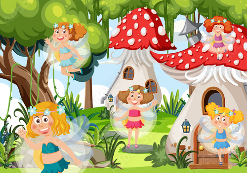 Fototapeta Naklejka Na Ścianę i Meble -  Enchanted Forest with Fantasy Fairies: A Magical Wonderland