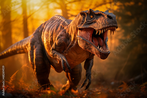 Tyrannosaurus rex roaring in a prehistoric forest with ferns and sunlight