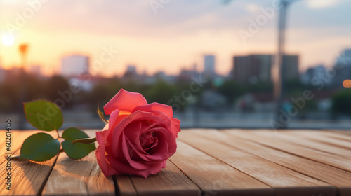rose on wood floor with blur background. Generative AI