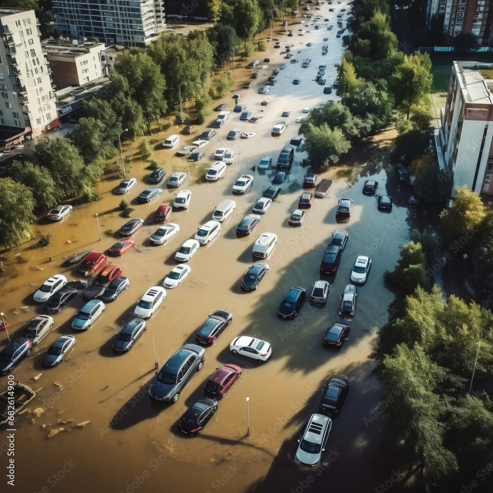 Flooded cars on the street of the city. AI Generative.