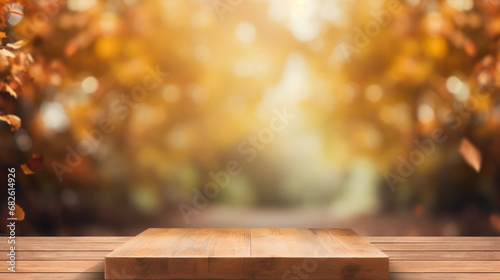 Wood podium with fall background. Generative AI.
