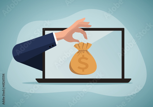 Computer hacker character stealing money online. Vector flat cartoon illustration. Internet personal access for finances. Web crime with burglar cracking internet currency.
