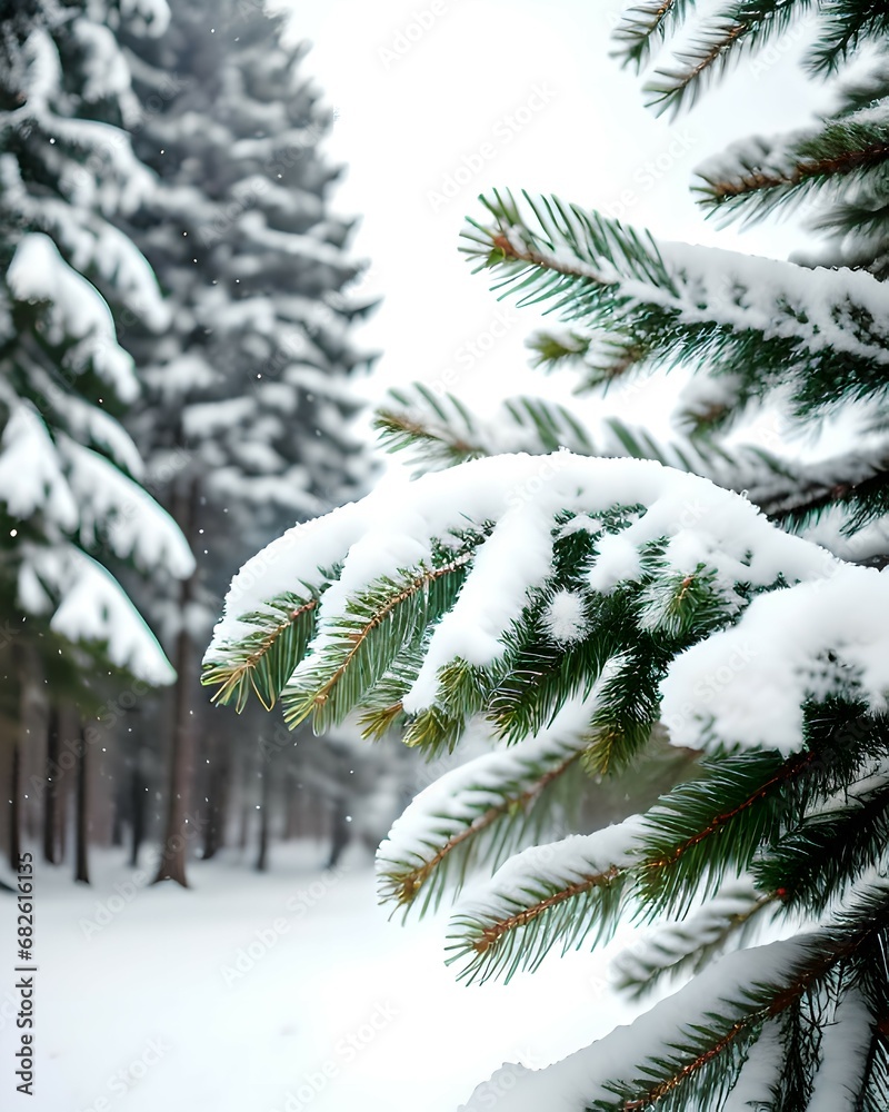 Pine tree branch covered with snow in winter forest. Christmas background