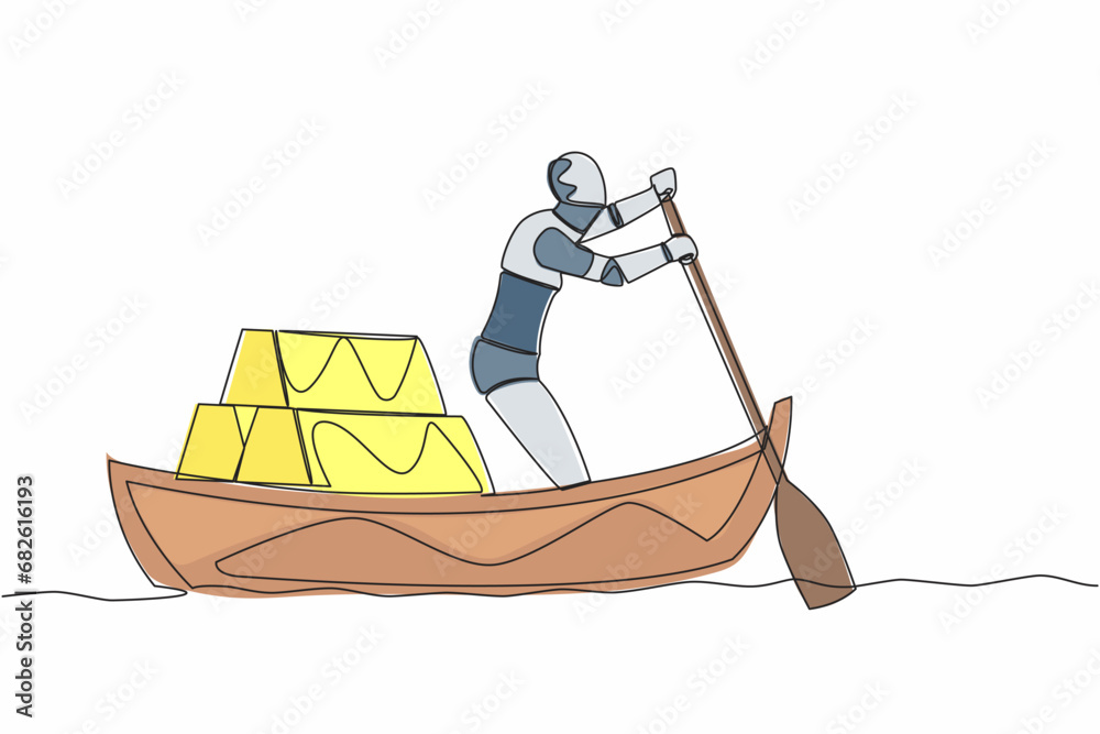 Single continuous line drawing robot sailing away on boat with stack of golden bullion. Gold investment in digital tech. Future technology development. One line draw graphic design vector illustration