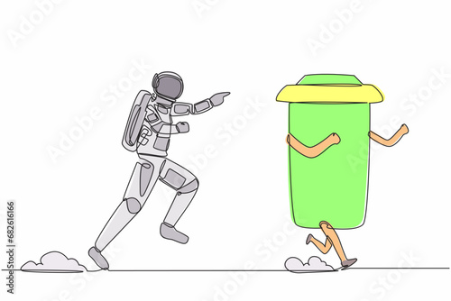 Single continuous line drawing young astronaut run chasing paper cup in moon surface. Recycling waste treatment in outer space. Cosmic galaxy space concept. One line graphic design vector illustration