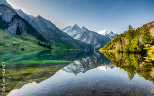 Serene Symmetry, Majestic Peaks Mirrored in Tranquil Waters