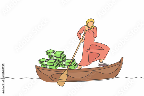 Continuous one line drawing Arab businesswoman standing in boat sailing with stack of paper money. Investment strategy. Financial planning at company. Single line design vector graphic illustration