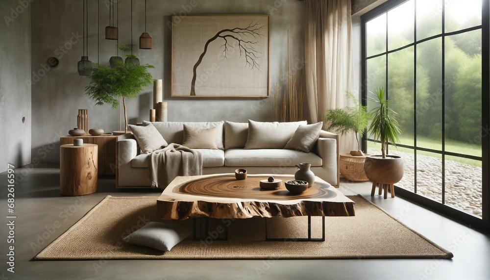 Wabi-sabi styled modern living room with a rustic wooden live edge coffee table and a beige sofa