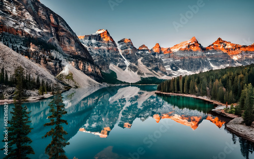 Serene Symmetry, Majestic Peaks Mirrored in Tranquil Waters
