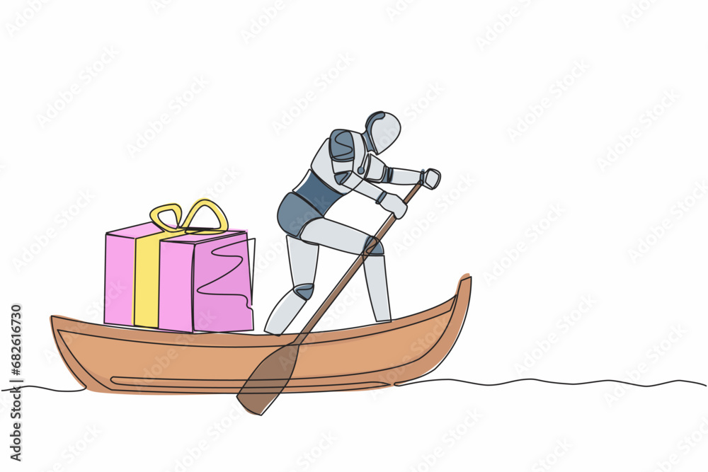 Single continuous line drawing robot sailing away on boat with gift box. Prizes for outstanding tech processing. Future technology. Artificial intelligence. One line graphic design vector illustration
