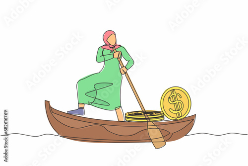 Single continuous line drawing Arab businesswoman standing in boat and sailing with stack of golden coin dollar. Successful investor entrepreneur. Gold investment. One line design vector illustration