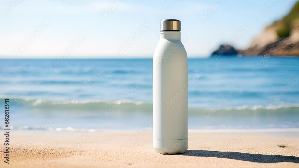 Closeup of a cool, refreshing insulated water bottle, perfect for staying hydrated under the hot sun.