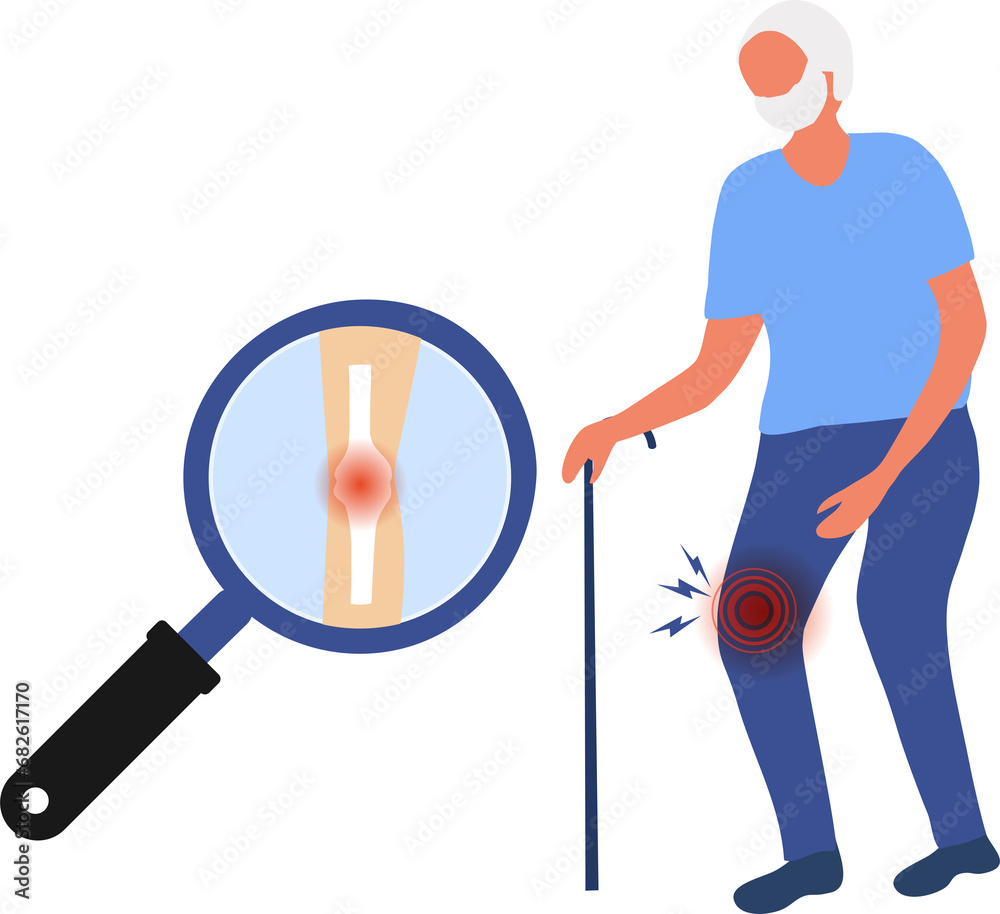 Elderly man suffering from pain in knee., tendon problems and Joint inflammation on png background