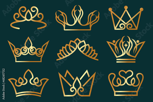 Set of linear crown icons. Royal, luxury symbol. King, queen abstract logo design vector .