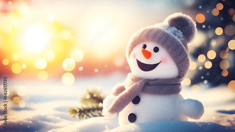 Obraz premium Winter holiday christmas background banner - Closeup laughing snowman with wool hat and scarf, on snowy snow snowscape with bokeh lights