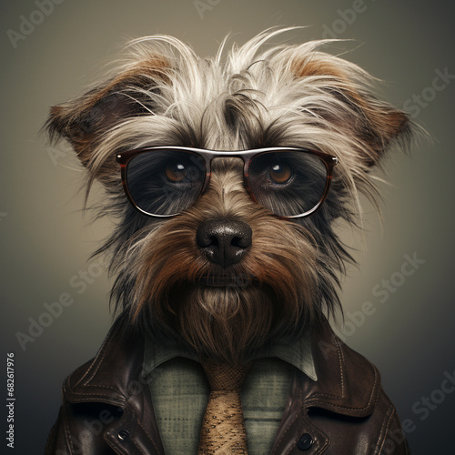 A dog wearing glasses and a jacket with a tie