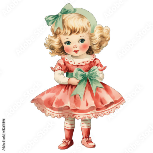 Vintage Christmas doll in a festive dress, isolated on transparent PNG background © MelissaMN