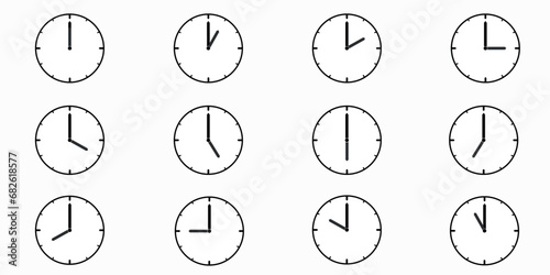 Clock icon set. Time clock icon collection. Line clock symbol isolated on white background. Collection of clock icons with varying times