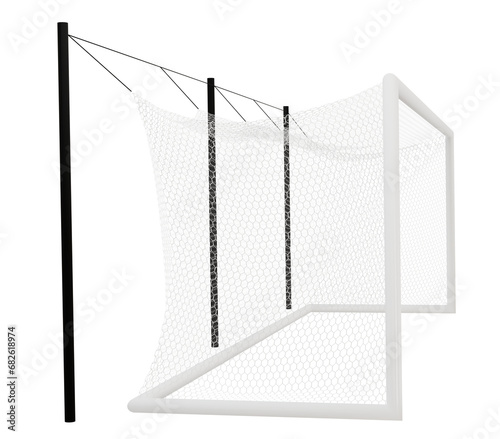 Transparent background PNG of English football or soccer goal post frame with net. Side view.