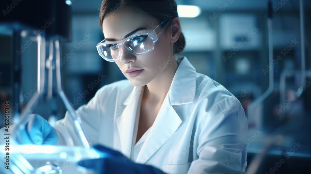 Medical Research Laboratory: Portrait of a Beautiful Female Scientist in Goggles Using Micro Pipette for Test Analysis. Advanced Scientific Lab for Medicine, Biotechnology, Microbiology Development Medical Research Laboratory: Portrait of a Beautiful Female Scientist in Goggles Using Micro Pipette for Test Analysis. Advanced Scientific Lab for Medicine, Biotechnology, Microbiology Development
