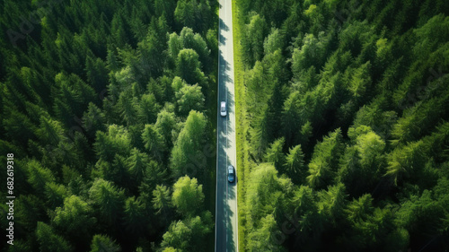 Top view Road through the green forest, Aerial view car truck drive going through forest Texture of forest view from above, Ecosystem and healthy environment