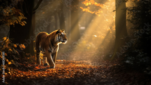 realistic tiger with bushy tail and black ears, walking on a dirt path through a forest with tall trees and colorful leaves, with rays of sunlight and mist creating magical atmosphere