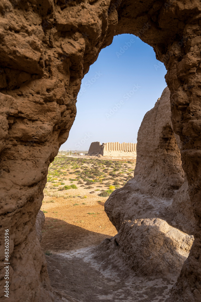 Great Kyz Qala fortress, seen from Little Kyz Qala, in Merv, an ancient city on the Silk Road close to current Mary, Turkmenistan.