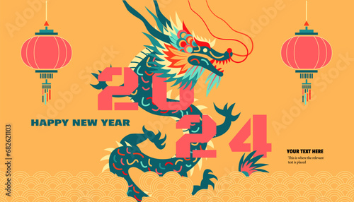 Chinese New Year, 2024 Asian Lunar New Year - Year of the Dragon: A dragon leaping out of the sea and lanterns. Modern geometric decorative style Chinese traditional elements vector illustration.