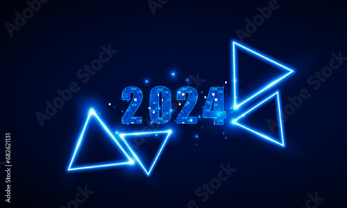 Abstract Key Door open Light out technology Abstract technology polygon Happy New Year 2024 of symbol with neon triangles. Hitech communication concept innovation background, vector design © photoraidz