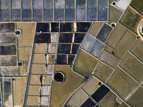 Aerial view of salt farm, Landscape and environment. Harvesting salt. Salt field yard in Kutubdia Island,  Chittagong, Bangladesh.  photo