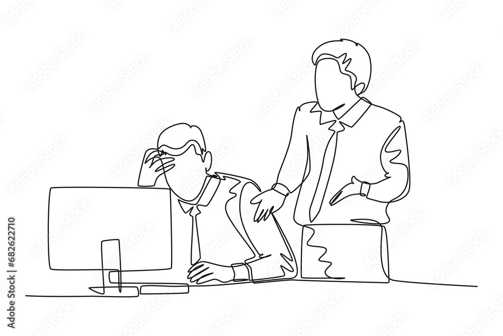 Single continuous line drawing young angry male manager asking his depressed staff for an unfinished job. Work pressure at he office concept. Dynamic one line draw graphic design vector illustration Single continuous line drawing young angry male manager asking his depressed staff for an unfinished job. Work pressure at he office concept. Dynamic one line draw graphic design vector illustration