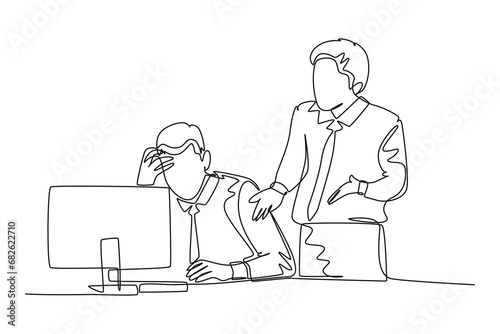Single continuous line drawing young angry male manager asking his depressed staff for an unfinished job. Work pressure at he office concept. Dynamic one line draw graphic design vector illustration