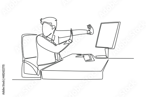 Single continuous line drawing of young frightened businessman keep of himself from monitor computer because of traumatize. Work psychological concept. One line draw graphic design vector illustration