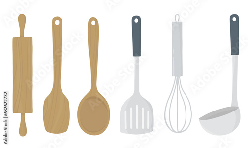Set of kitchen tools. Ladle, whisk, spatula, rolling pin, wooden spoon. Hand drawn illustration vector.