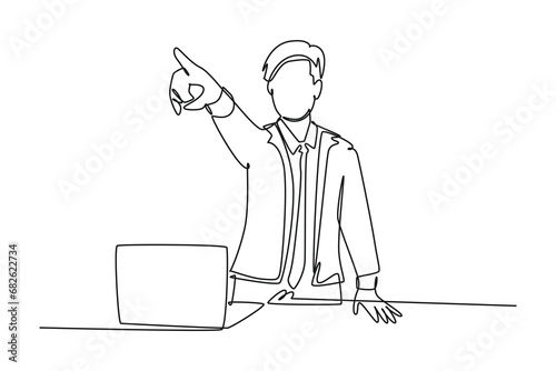 Single one line drawing young furious male manager pointed in his finger and drive away his sacked staff out of the room. Job dismissal concept. Continuous line draw design graphic vector illustration photo