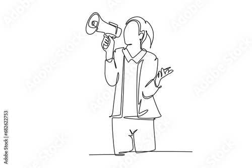 Single one line drawing young angry businesswoman shouting loudly using megaphone to train her speak. Public speaking practice concept. Modern continuous line draw design graphic vector illustration