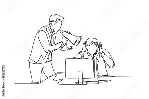 Single one line drawing young frustrated manager shouting his frightened male staff using megaphone. Work pressure at the office concept. Modern continuous line draw design graphic vector illustration