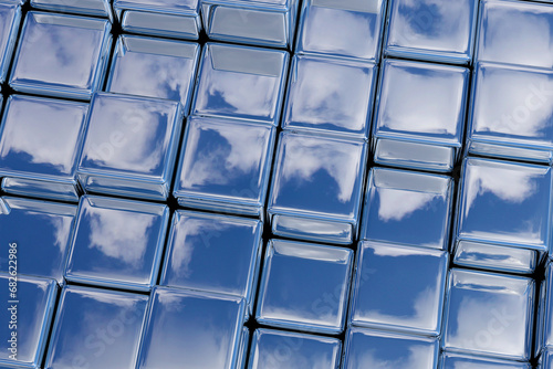 Sky with clouds reflected on shiny cubes. 3d illustration.
