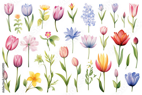 Watercolor paintings Tulip flower symbols On a white background. 
