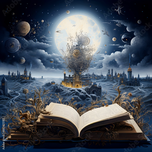 Magic open book with stories in mystical style