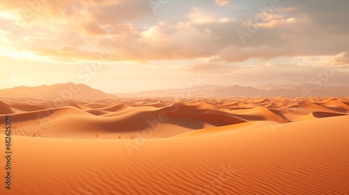 A serene desert landscape with endless sand dunes  touched by the golden rays of the setting sun.