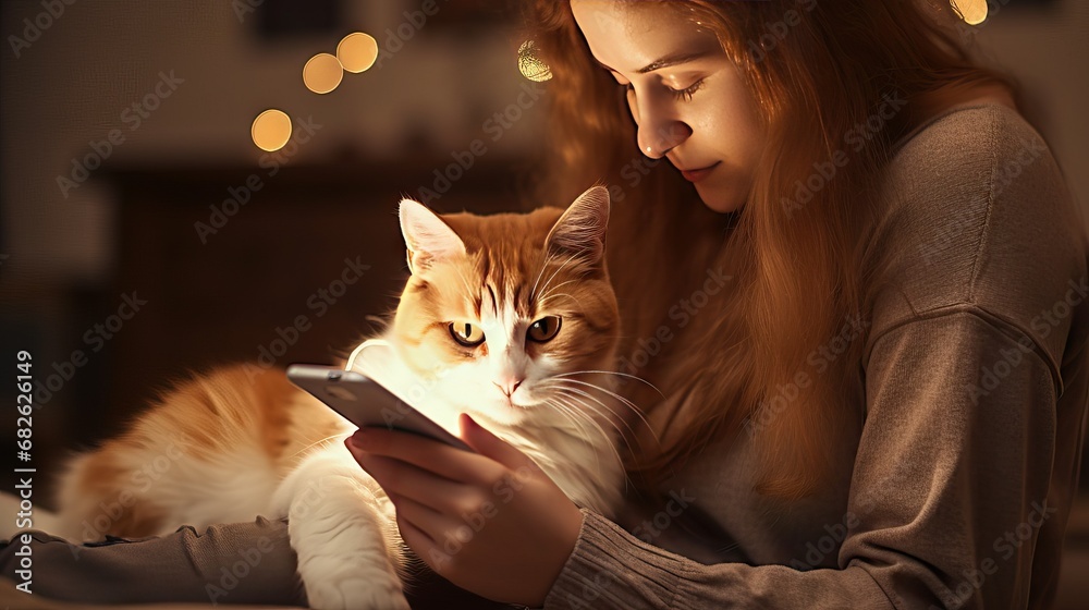 A orange and white calico cat scrolling on a mobile phone and her owner a young woman - obrazy, fototapety, plakaty 