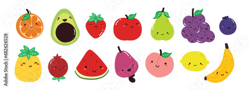 Set of fruit illustration. Cute fruit illustration. Cute orange, avocado, strawberry, apple, watermelon, peach, etc.
